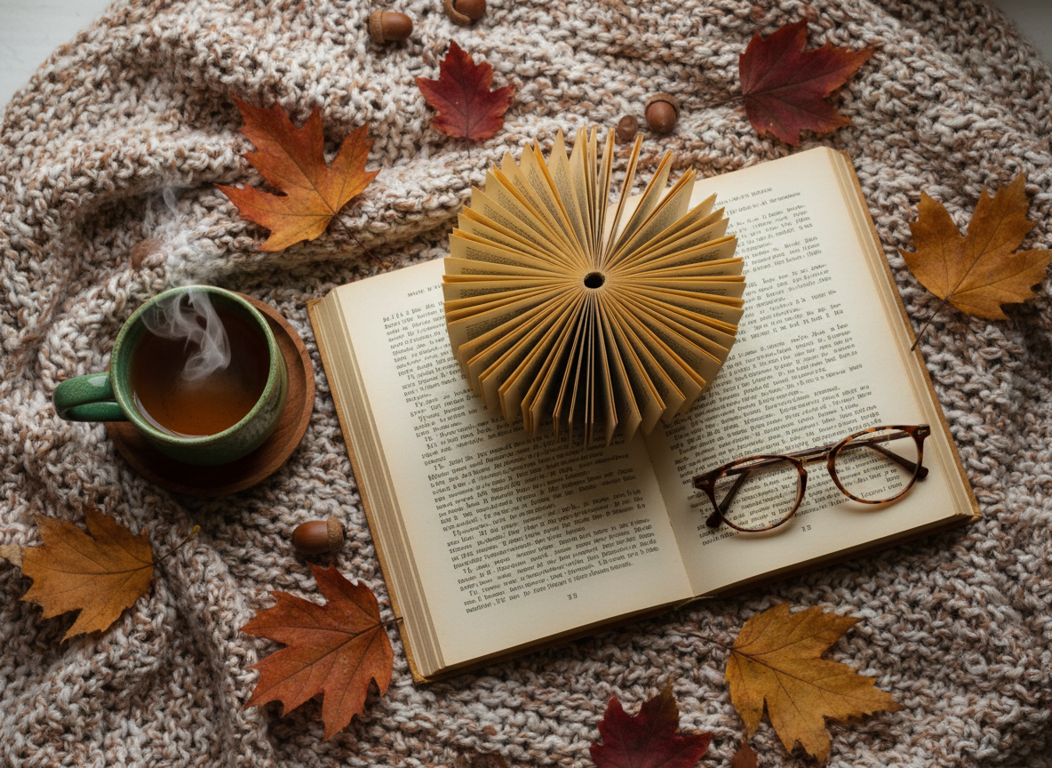 Flat lay of an open book with a mug of tea, reading glasses and a knit blanket